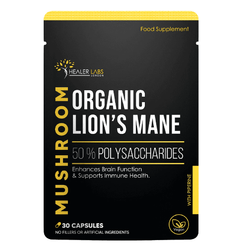 Organic Lions Mane 50% Polysaccharides 30 Capsules -  Healer Labs London UK.